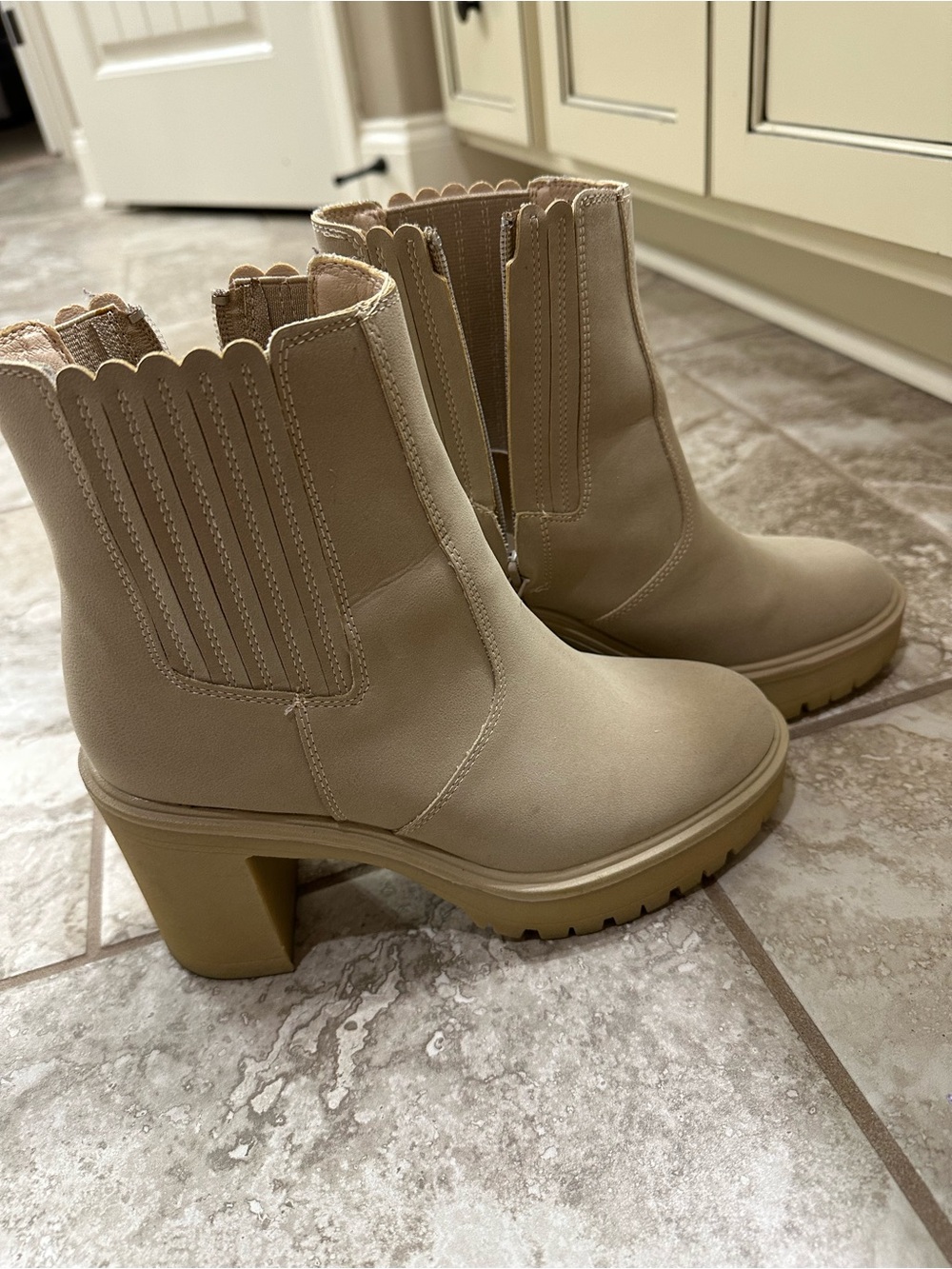 Oasis Beige Scalloped Chelsea Chunky Heel Booties